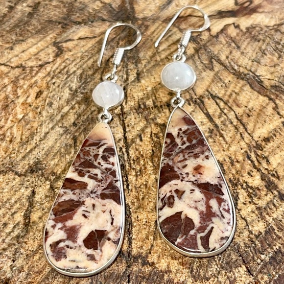 Coconut Jasper & Rainbow Moonstone Earrings 2 1/2” - Picture 13 of 14
